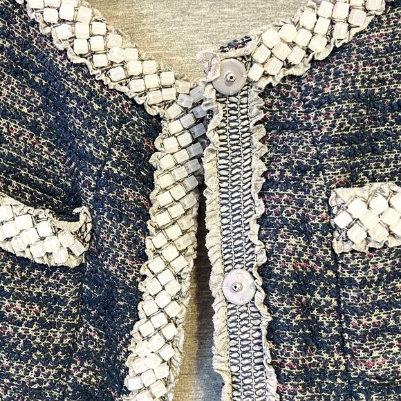Anthropologie Isani Massey Cropped Tweed Beaded Jacket Boho Glam New Blue Medium - Picture 11 of 15